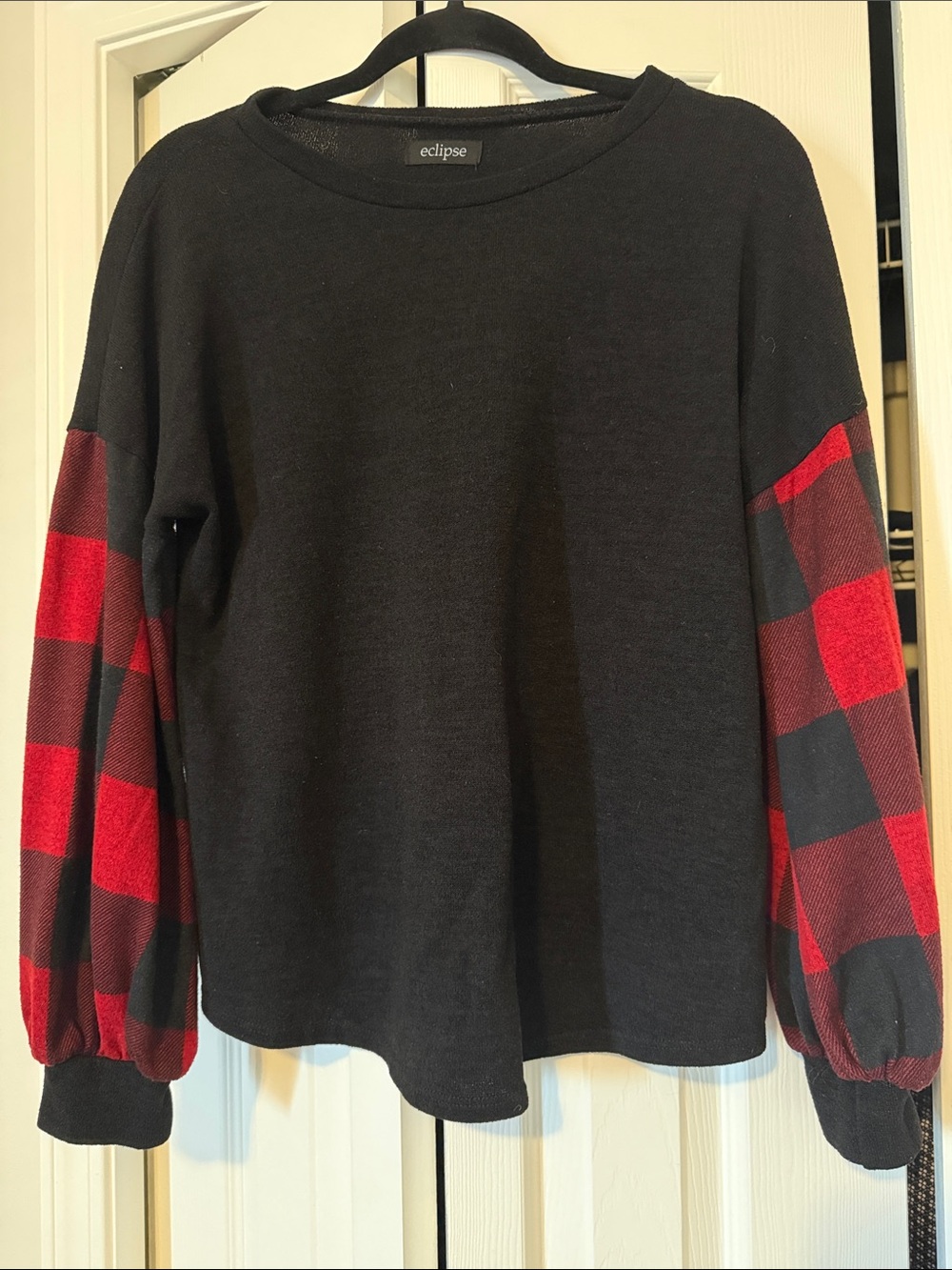 Eclipse Black Crewneck Sweater with Red Buffalo Plaid Sleeves